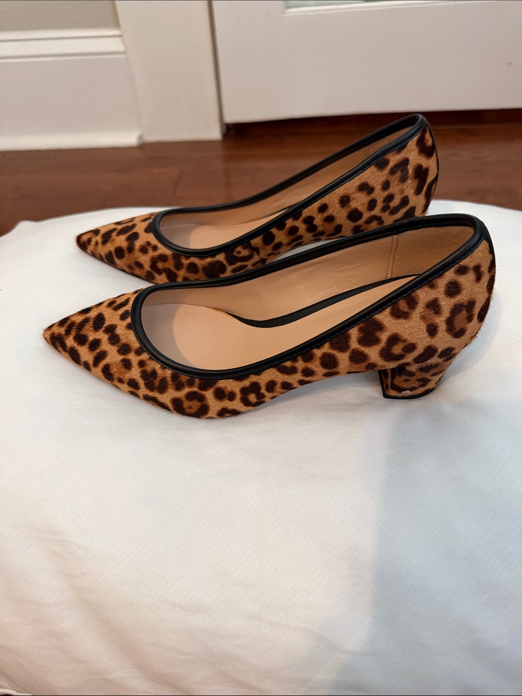 Kate Spade Leopard Print Pointed Block Heel Pumps In Brown And Black Trim